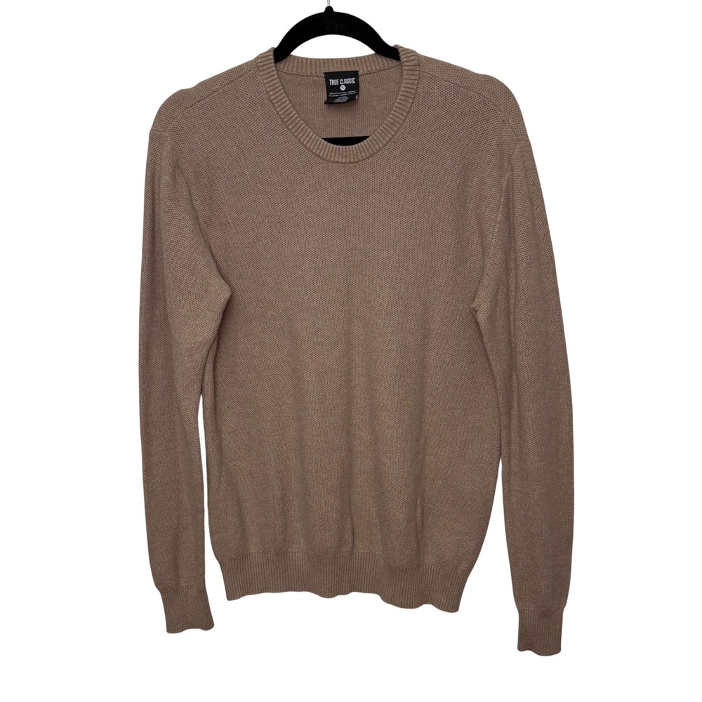 True Classic Mens Tan Brown Textured Cotton Crew Neck Pullover Sweater Large